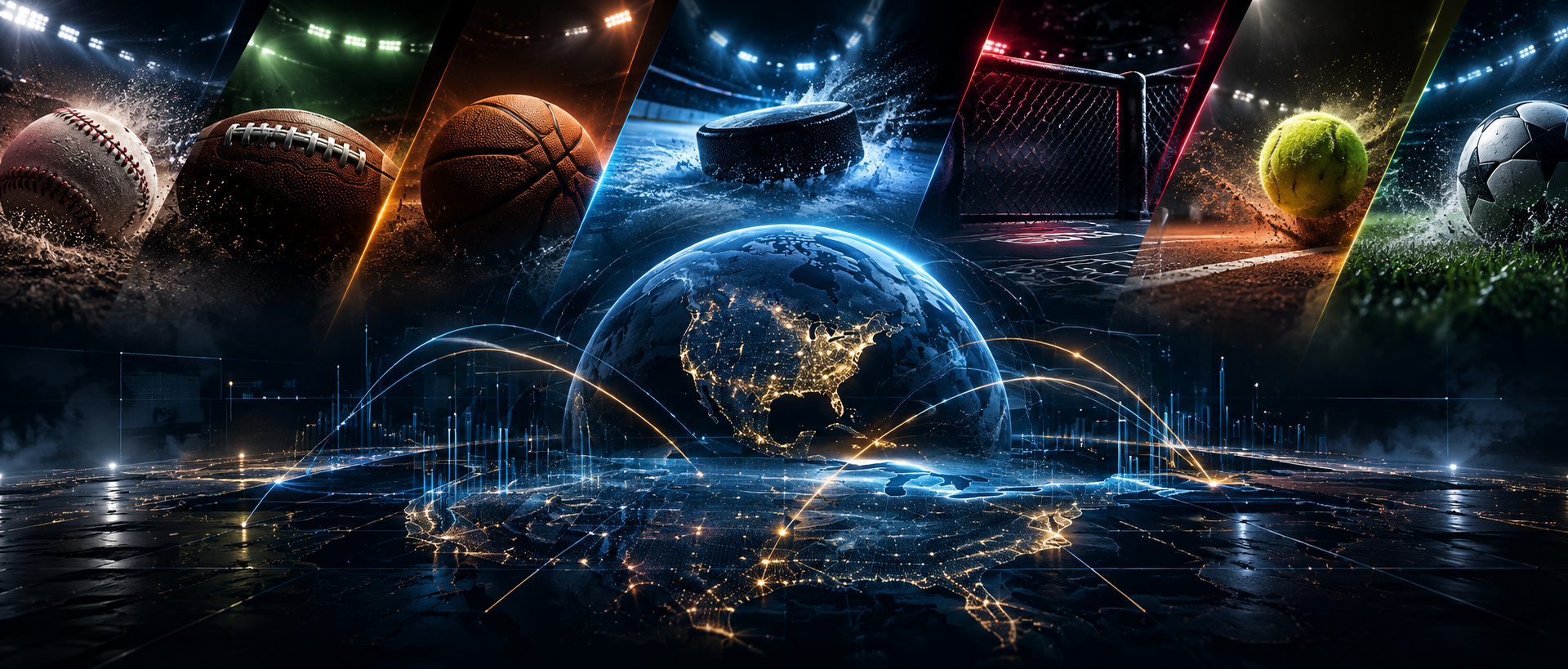Eight sport panels — MLB, NFL, NBA, WNBA, NHL, UFC, tennis and soccer — above a glowing globe linked by data lines